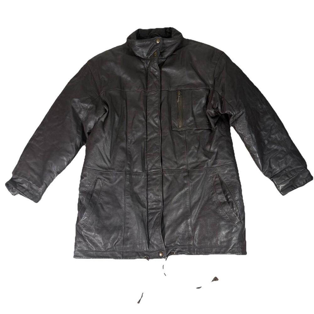 Vintage Eddie Bauer Leather‎ Goose Down Trench Coat Zip Up Brown Women’s Small